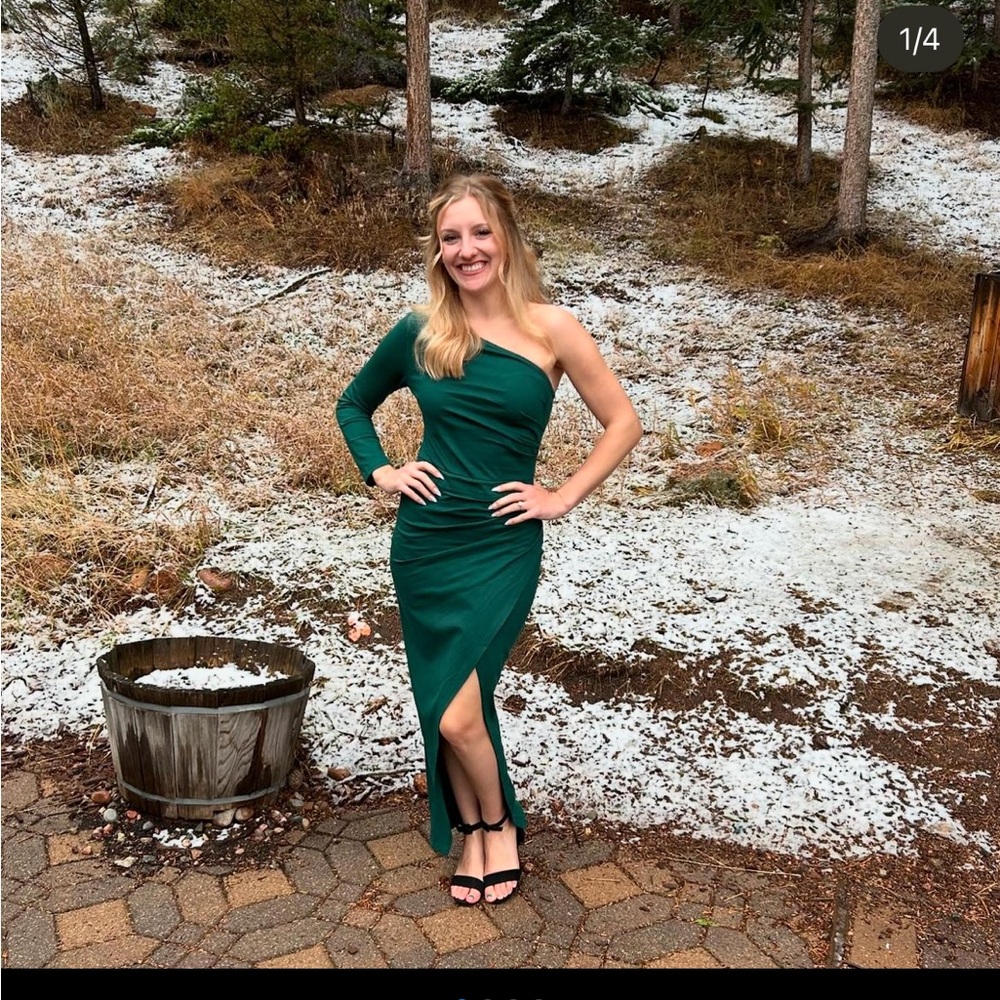 one shoulder cocktail gown wedding guest